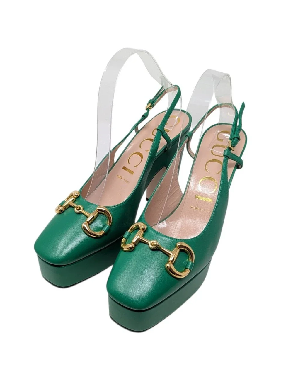 NEW Gucci Green Horsebit Platform Slingback Chunky Block Heel Pumps Size EU 39.5